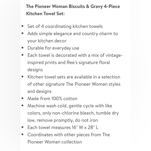 🌺 New Pioneer Woman Biscuits & Gravy 4-Piece Towel Set “Rolling Pin Design” - Picture 2 of 6